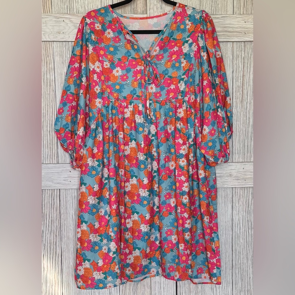 Floral Mini Baby Doll Dress with V-Neck and tie sz XL oversized will fit 16/18